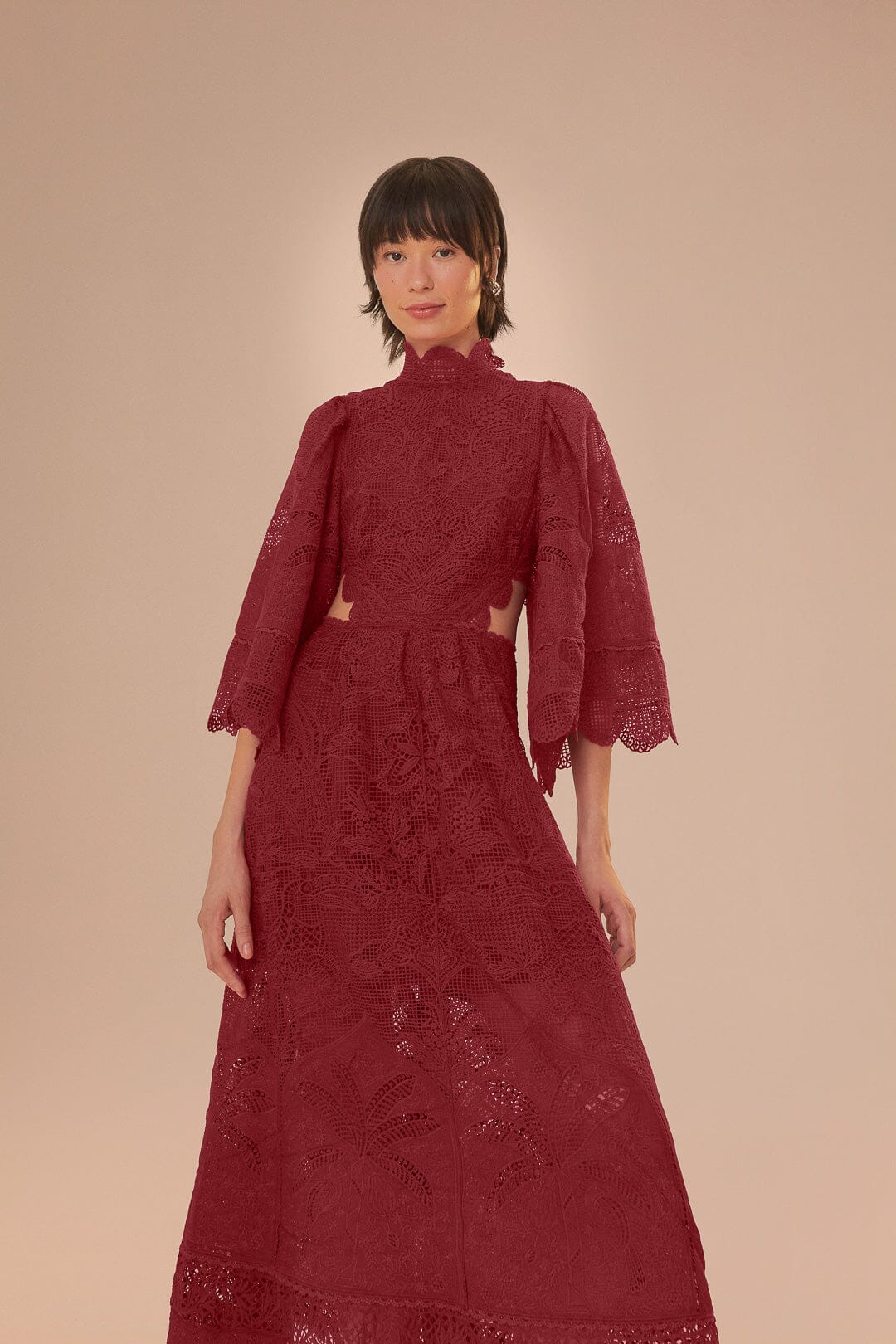 Dark Magenta Guipire Cut-Out Midi Dress, BURGUNDY