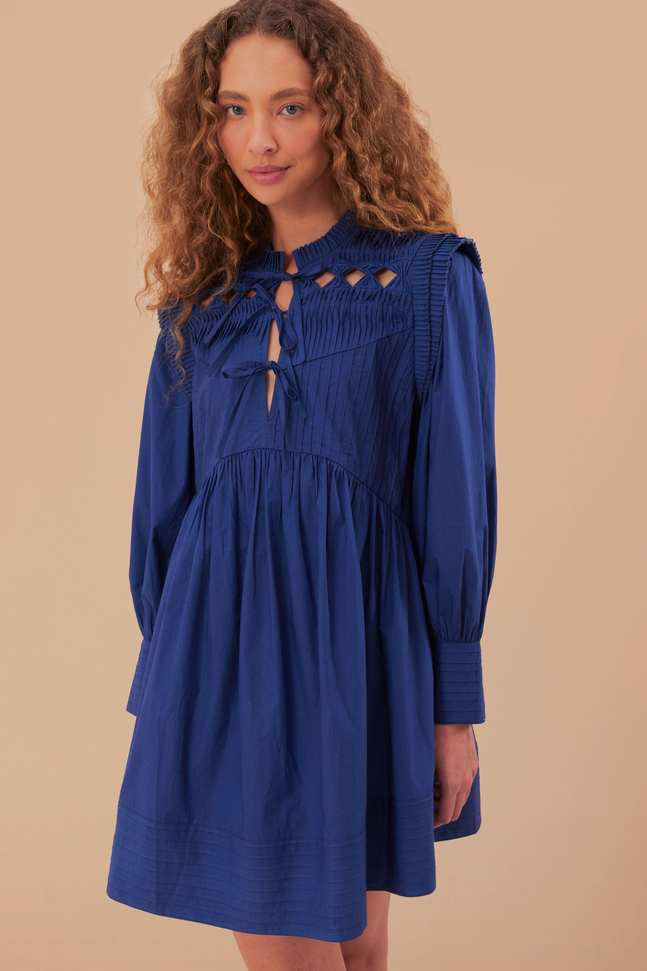Navy Blue Open Yoke Mini Dress, NAVY BLUE