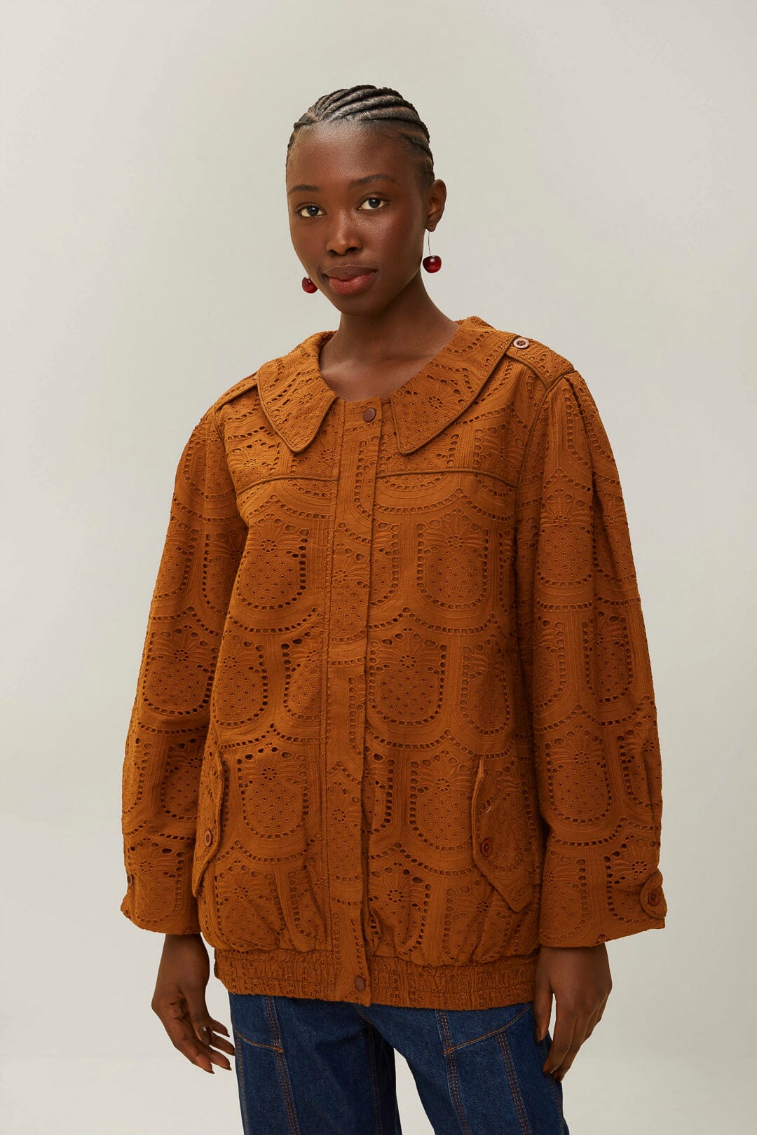 Brown Pinapple Eyelet Bomber Jacket, BROWN