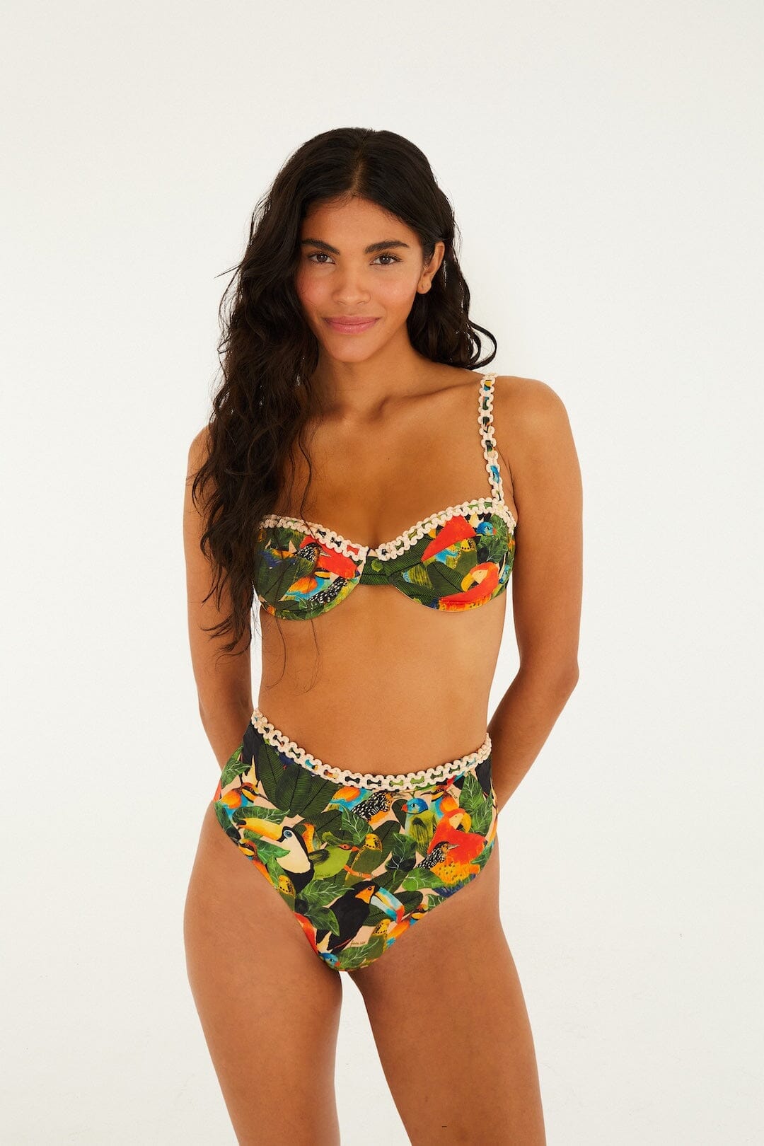 Green Bird Leaves High Waist Bikini Bottom, BIRD LEAVES SAND