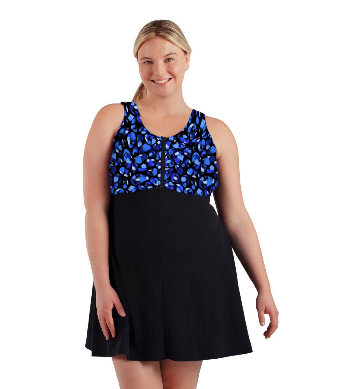 AquaSport Zip Front Swim Dress Ocean Blues Print Black - FINAL SALE, X Ocean Blues Print Black