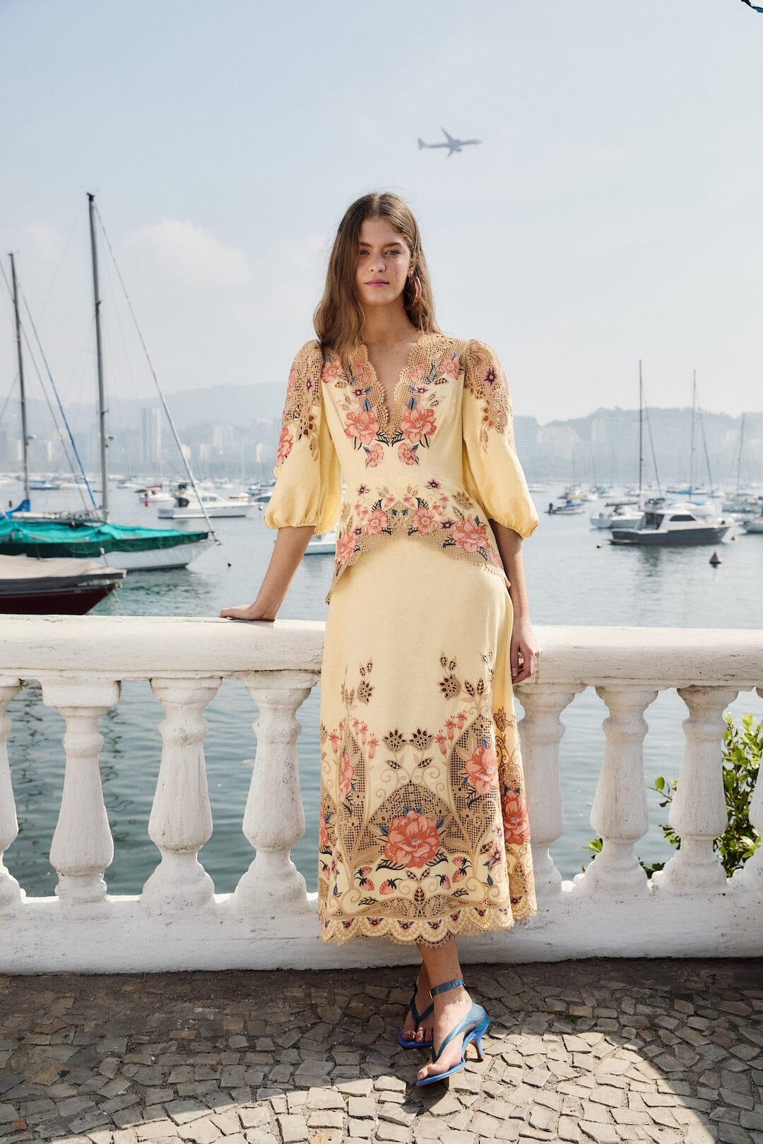 Butter Yellow Embroidered Lenzing Ecovero Euroflax Midi Dress, FLOWER POETRY SAND