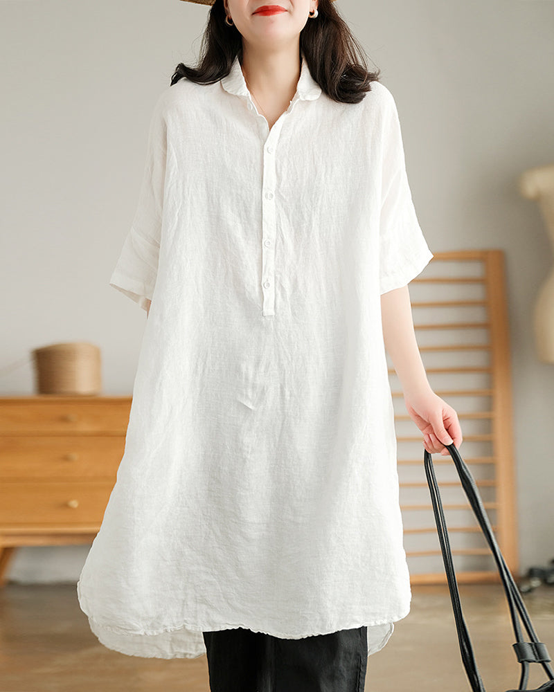 Vintage Loose Lapel Solid Color Shirt Dress - White M