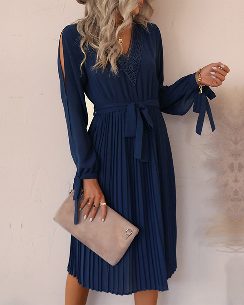 Hollow Long Sleeves Casual Ruffle V Neck Waist Dress with Belt - Navy blue M