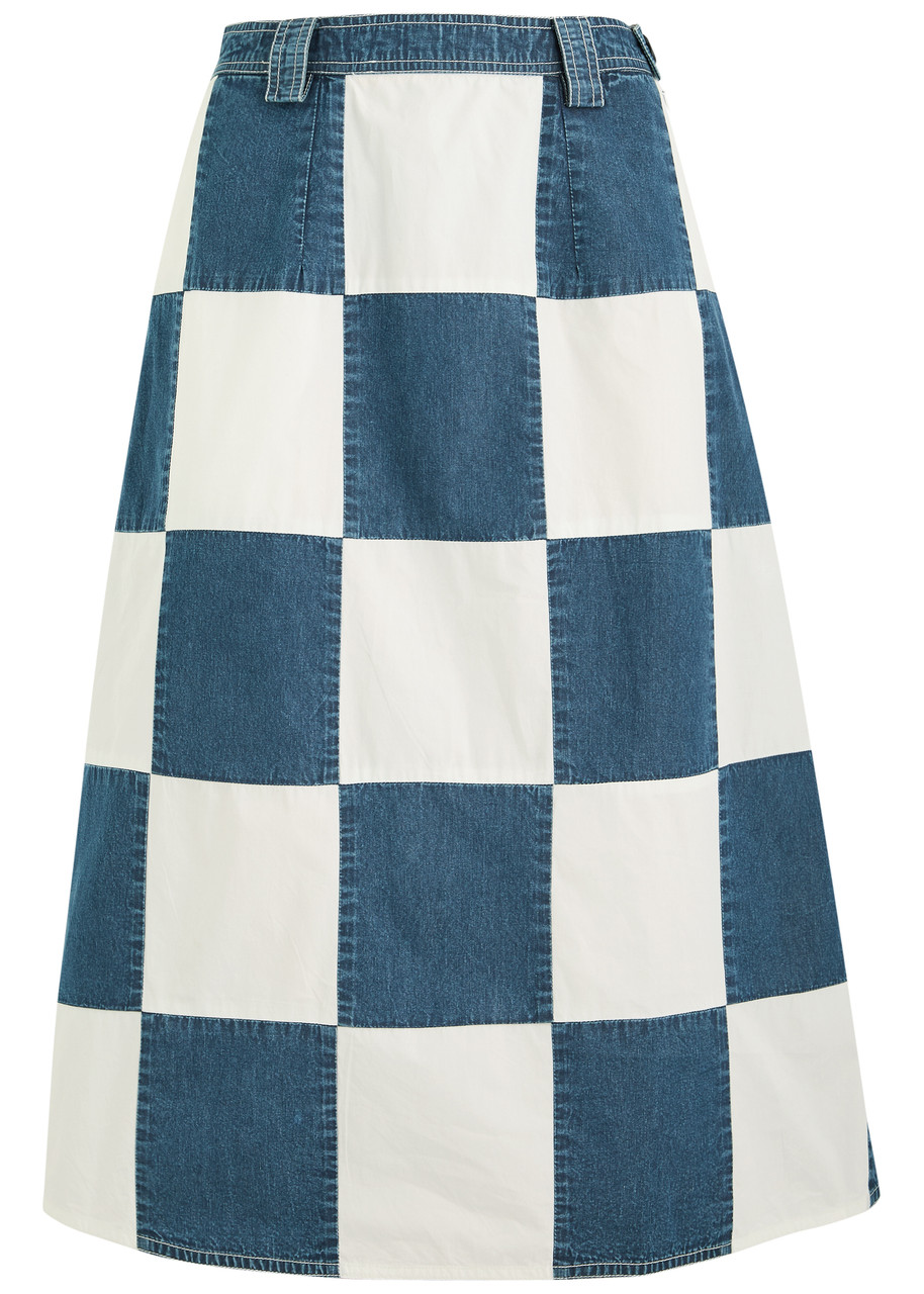 Lovebirds Darcey Checked Cotton and Denim Midi Skirt - Blue And White - L