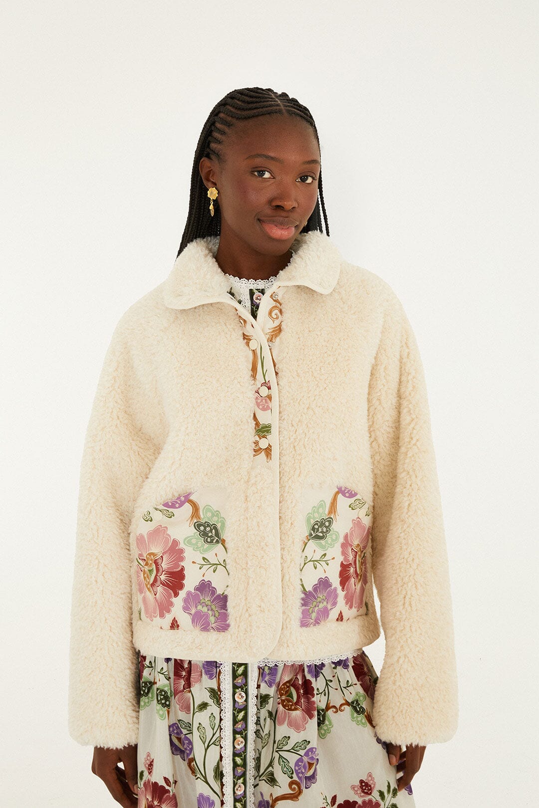 Cream Rococo Flowers Bomber Fleece Jacket, ROCOCO FLOWERS CREAM