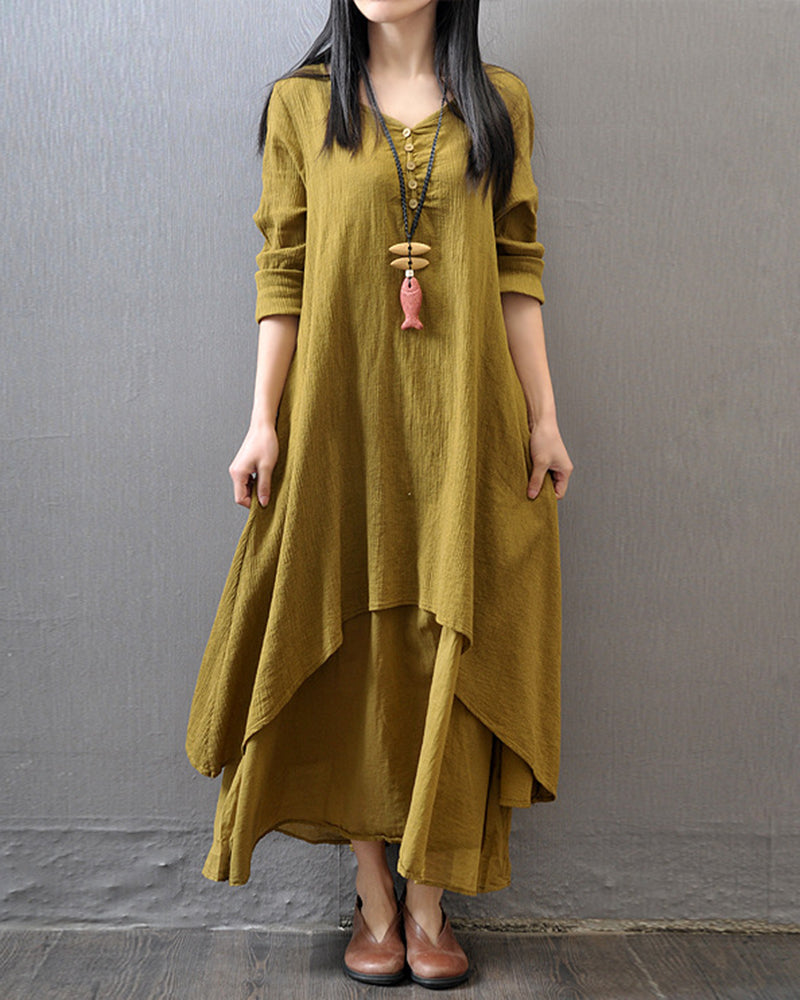 Loose Boho Cotton Maxi Kaftan Dress Layer Casual Long Tunic Dress - Yellow