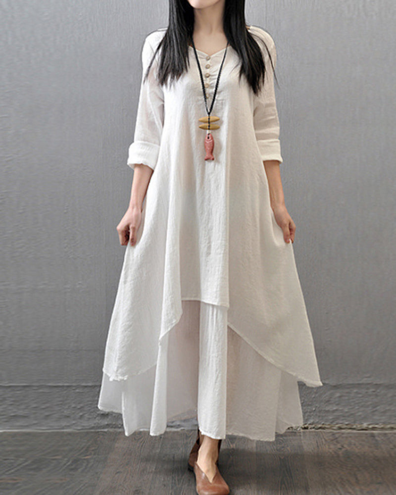 Loose Boho Cotton Maxi Kaftan Dress Layer Casual Long Tunic Dress - White