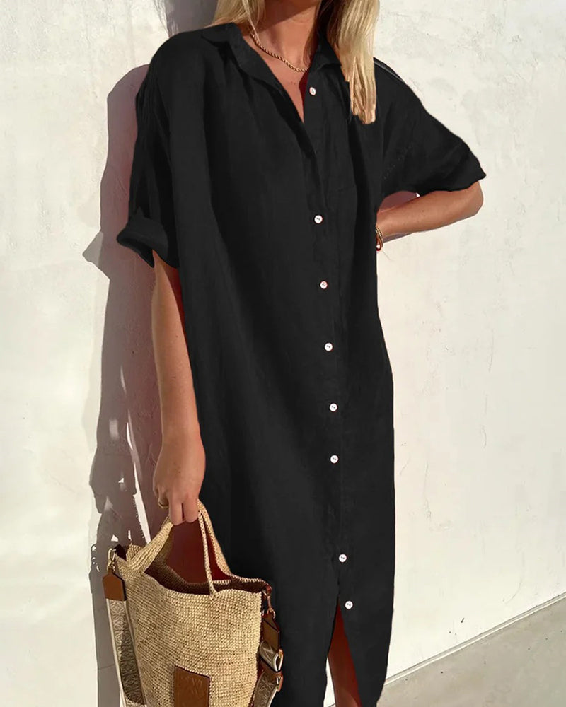 Turn-Down Collar Short Sleeve Single Breasted Loose Shirt Dress Solid Color Summer Beach Dresses - Black L-
