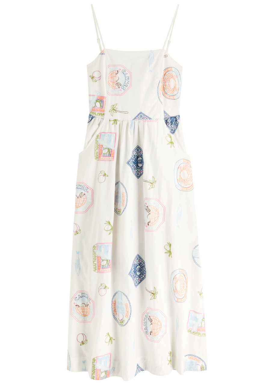 Damson Madder Peaches Embroidery Cotton-blend Midi Dress - Multicoloured -