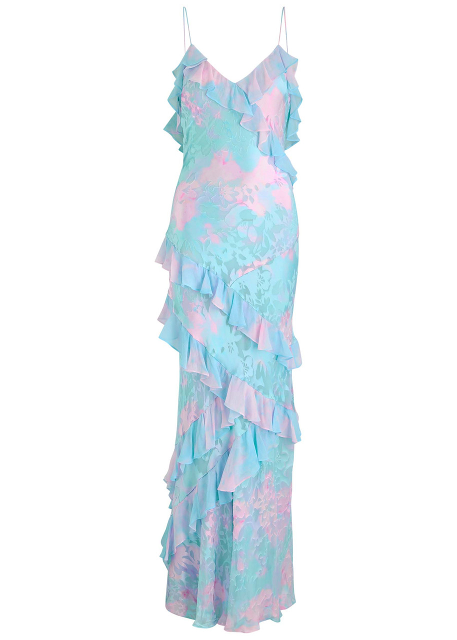 Loveshackfancy Rialto Floral Satin-devor Maxi Dress - Blue - X