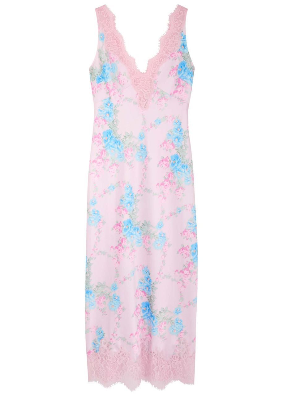 Loveshackfancy Floral Printed Satin Maxi Dress - Pink - M M
