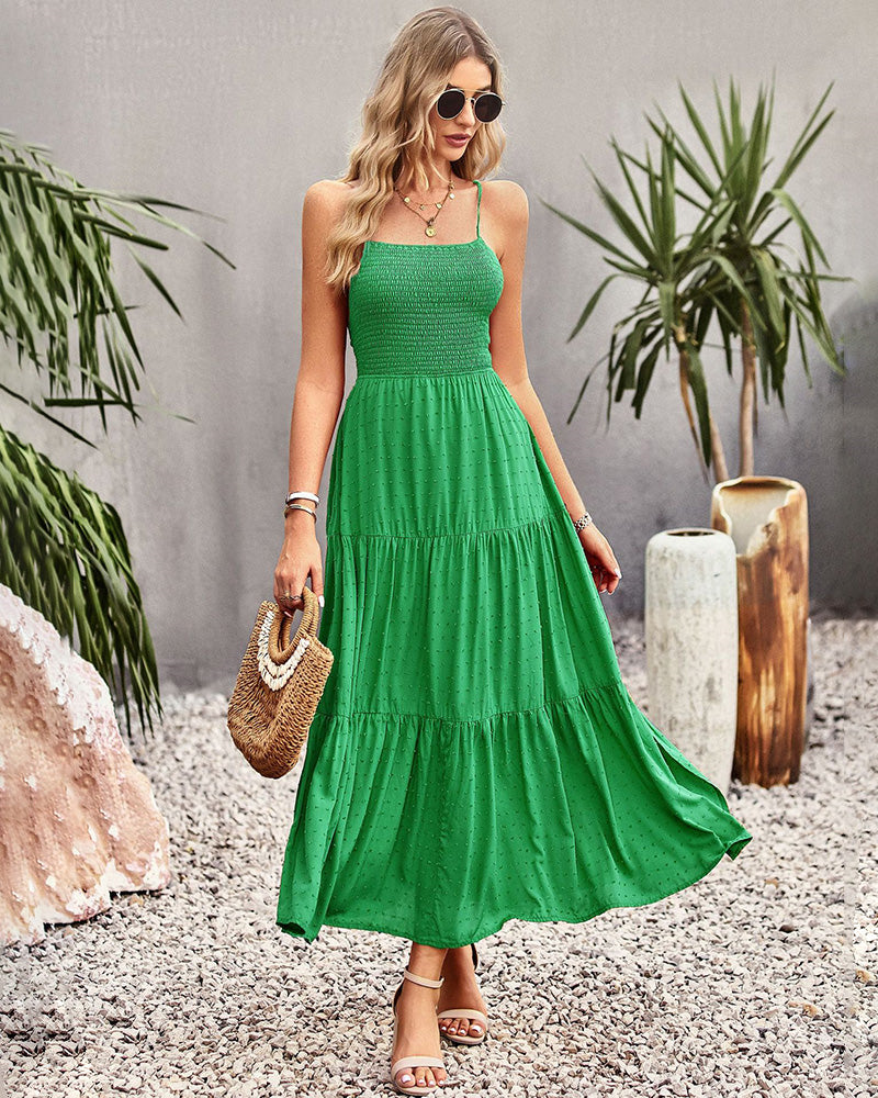 Sleeveless Lace-up Backless Smocked Tiered Maxi Dress Boho Long Beach Sundresses - Green S