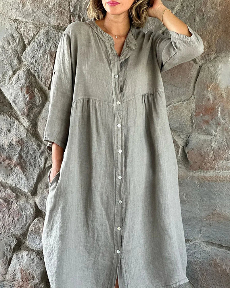 Single-breasted Button Long Dress Casual Sleeve Solid Loose Shirt Dress - Grey