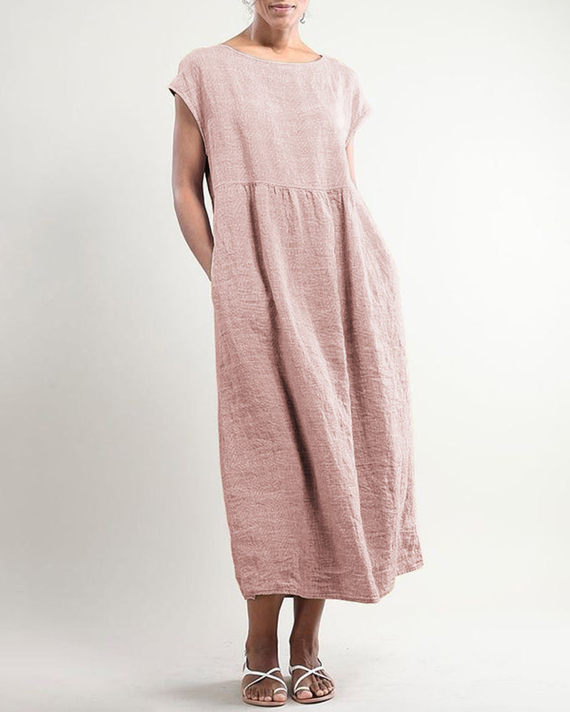 Zeagoo Women's Casual Solid Linen Crew Neck Maxi Smock Dress Loose Baggy Ruffle Long Dresses with Pockets - Pink M
