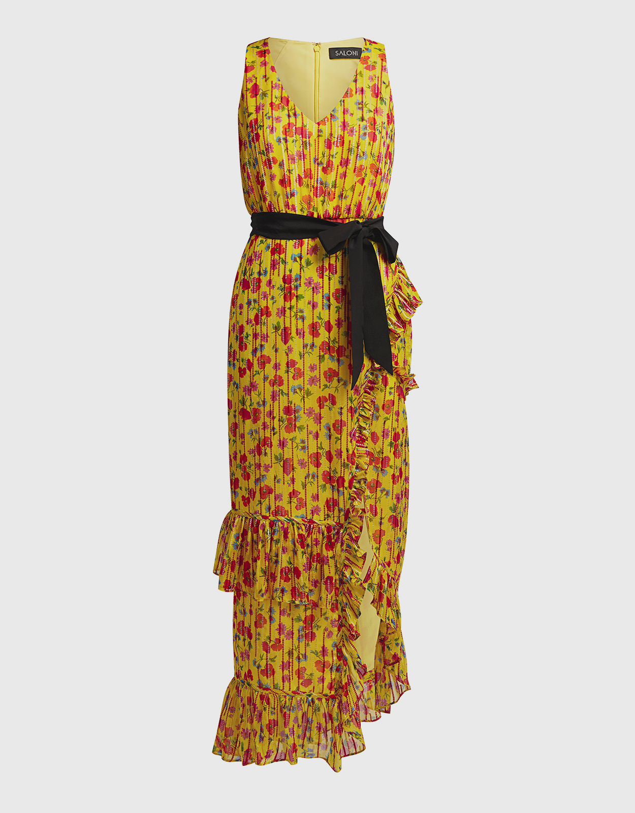 Saloni Rosalind Floral V-neck Tie-waist Ruffled Chiffon Midi Dress -