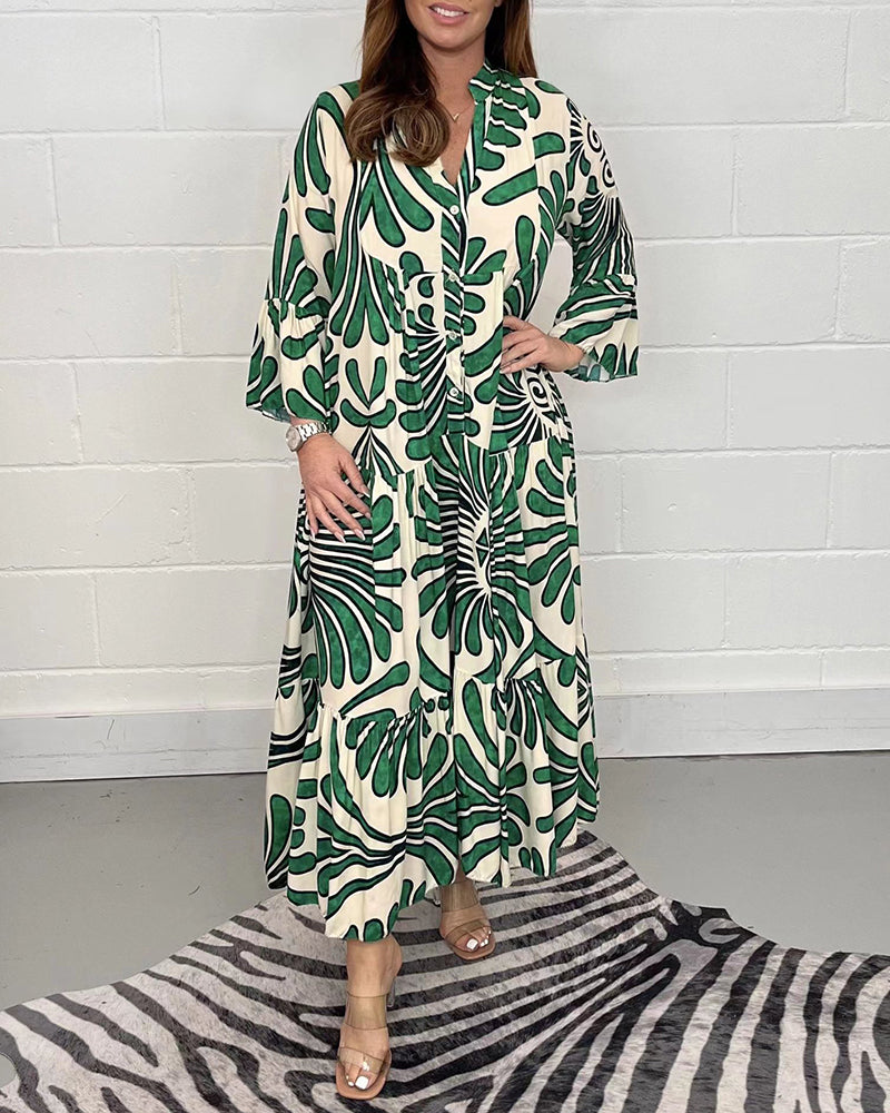 Printed Shirt Dresses V-Neck Three Quarter Sleeves Midi Dress - Green L-