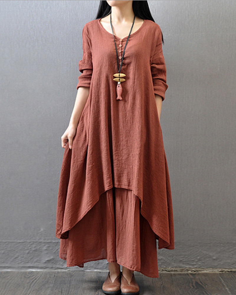 Loose Boho Cotton Maxi Kaftan Dress Layer Casual Long Tunic Dress - Caramel M