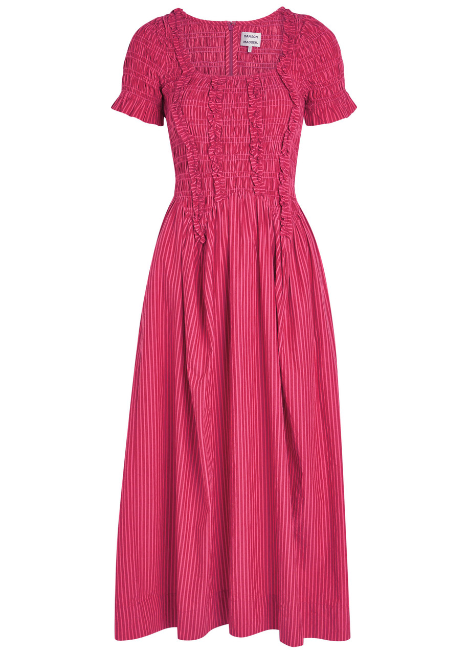 Damson Madder Raphaela Striped Cotton Midi Dress - Red - M