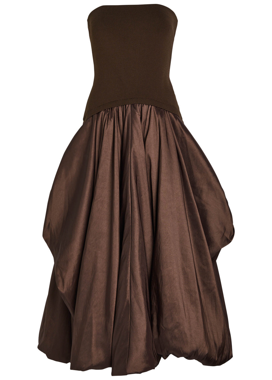 Simkhai Izzy Strapless Ribbed-knit and Shell Midi Dress - Brown