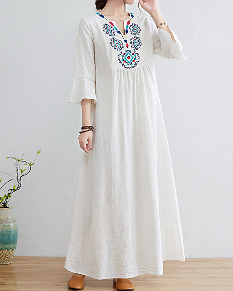 Loose Embroidered Floral Cotton Linen V-Neck Sleeve Dress - White L-