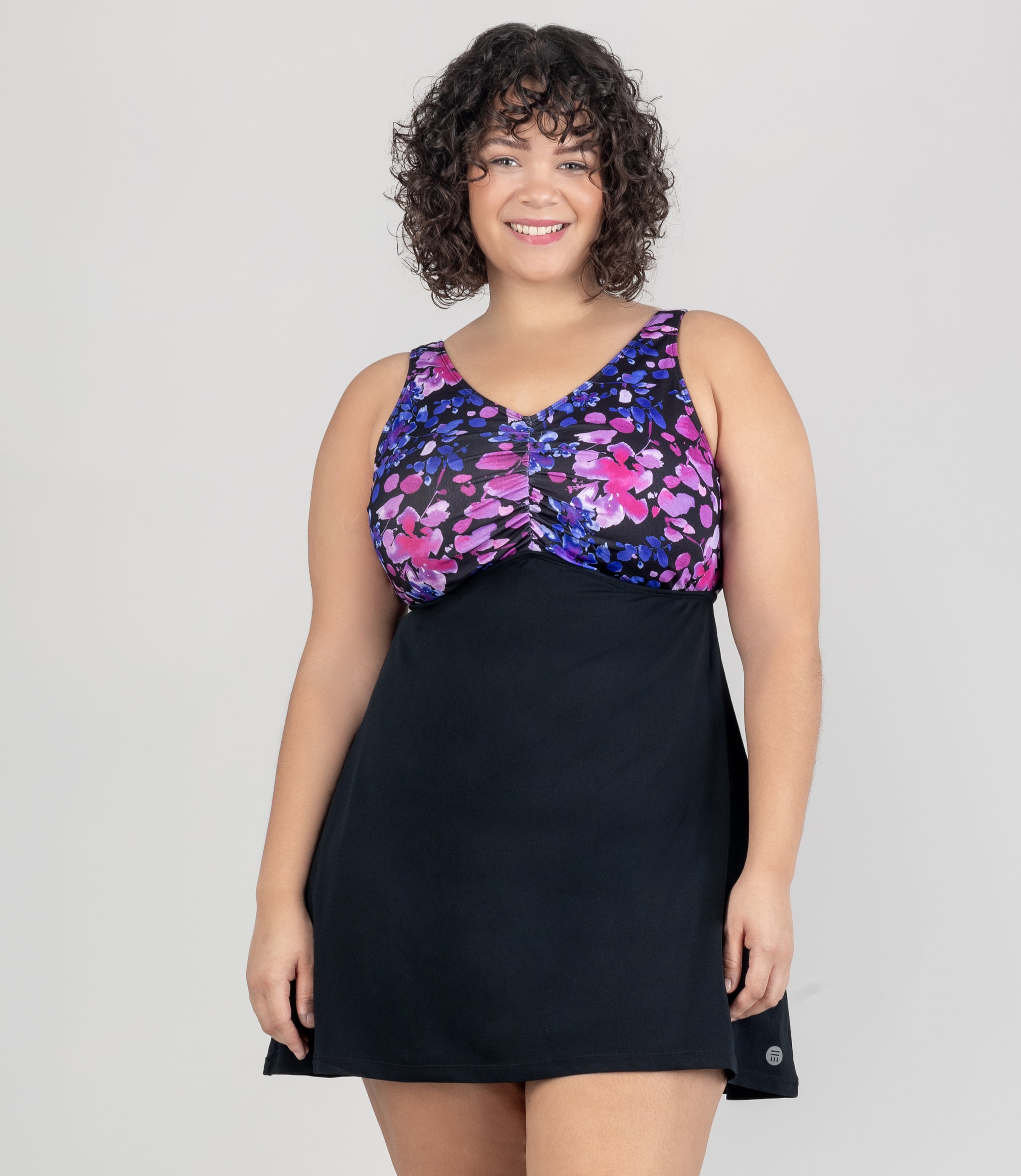 AquaSport Shirred Swim Dress Floral Elegance Print Black PetiteAverage, Floral Elegance Print Black