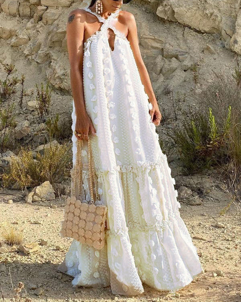 Flowy Cut Out Halter Neck Long Dress Chiffon Ruffle Frill Trim Puffy Swing Dress - White S