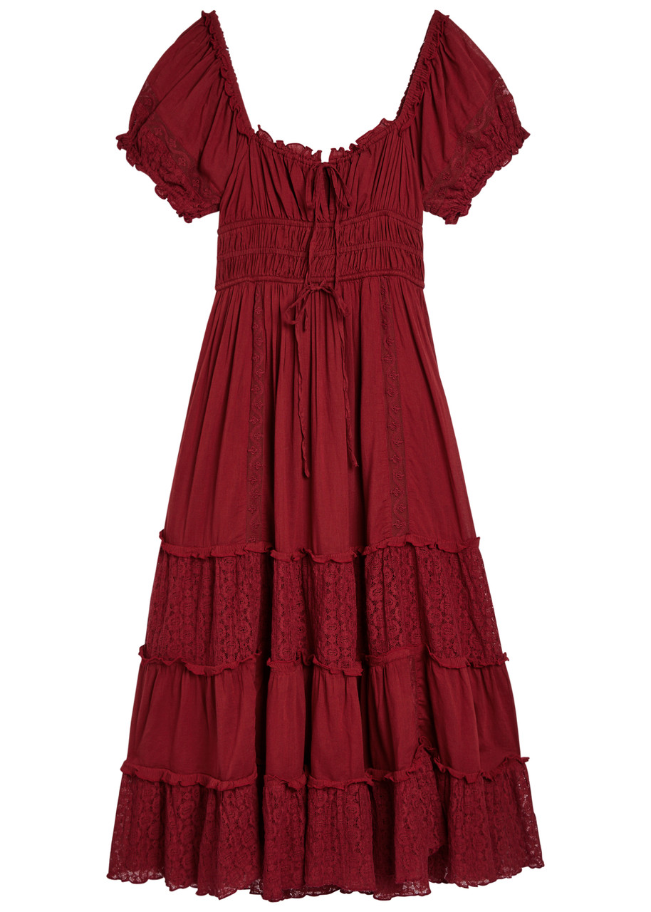 Free People Falling Sun Tiered Cotton Midi Dress - Burgundy - S - S