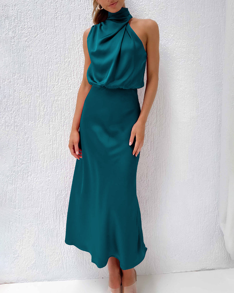 Long Formal Satin Dress Mock Neck High Neck Evening Dress - Lake Blue