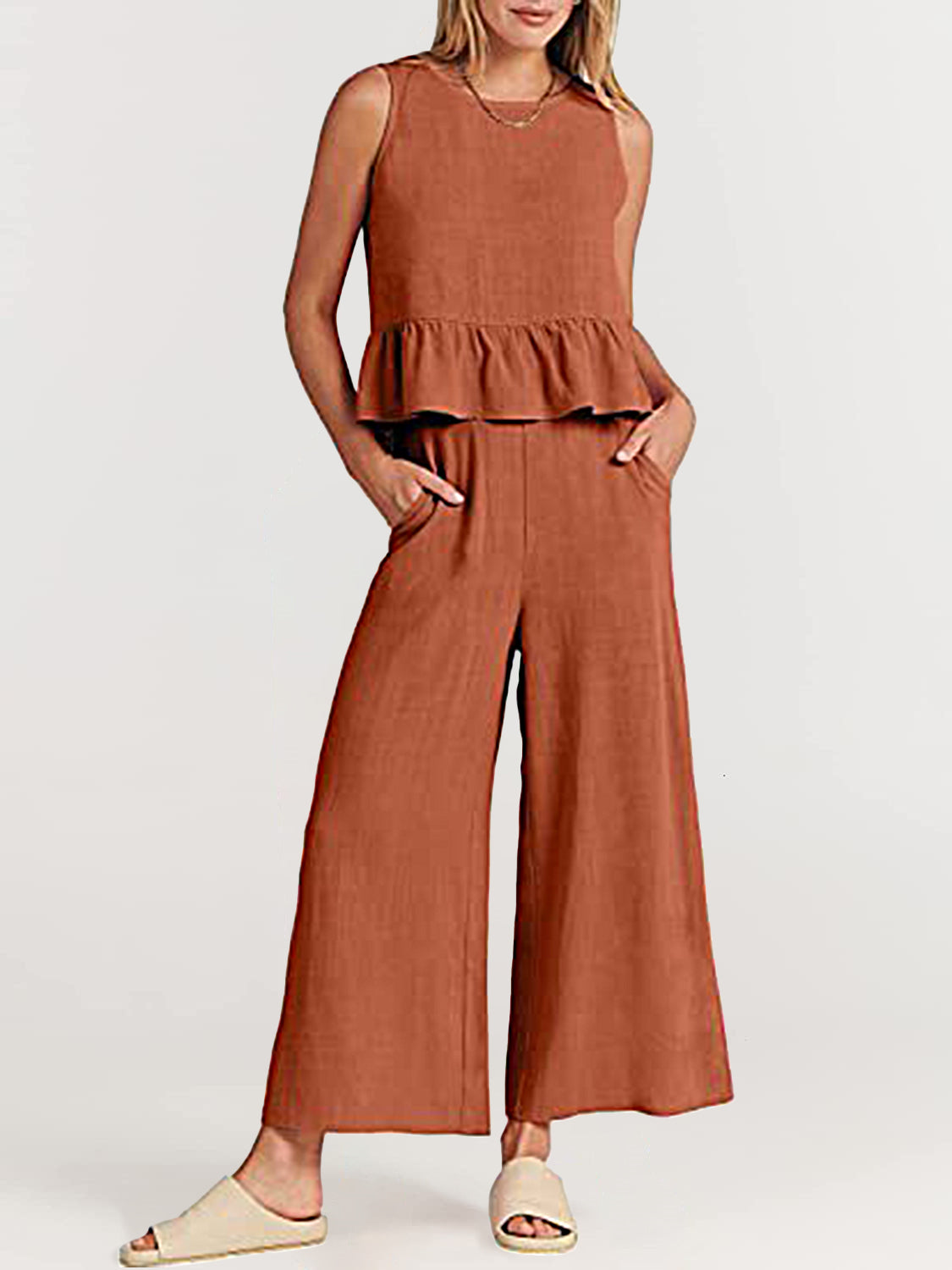 Zeagoo Piece Outfits Sleeveless Ruffle Tank Crop Top and Wide Leg Pants Lounge Set with Pockets - Orange