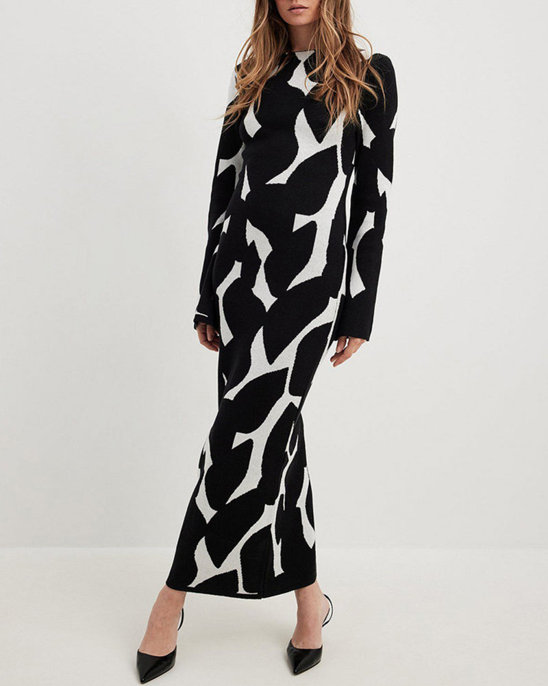 Zeagoo Women's Black And White Long Sleeve Knit Maxi Dress - Black S