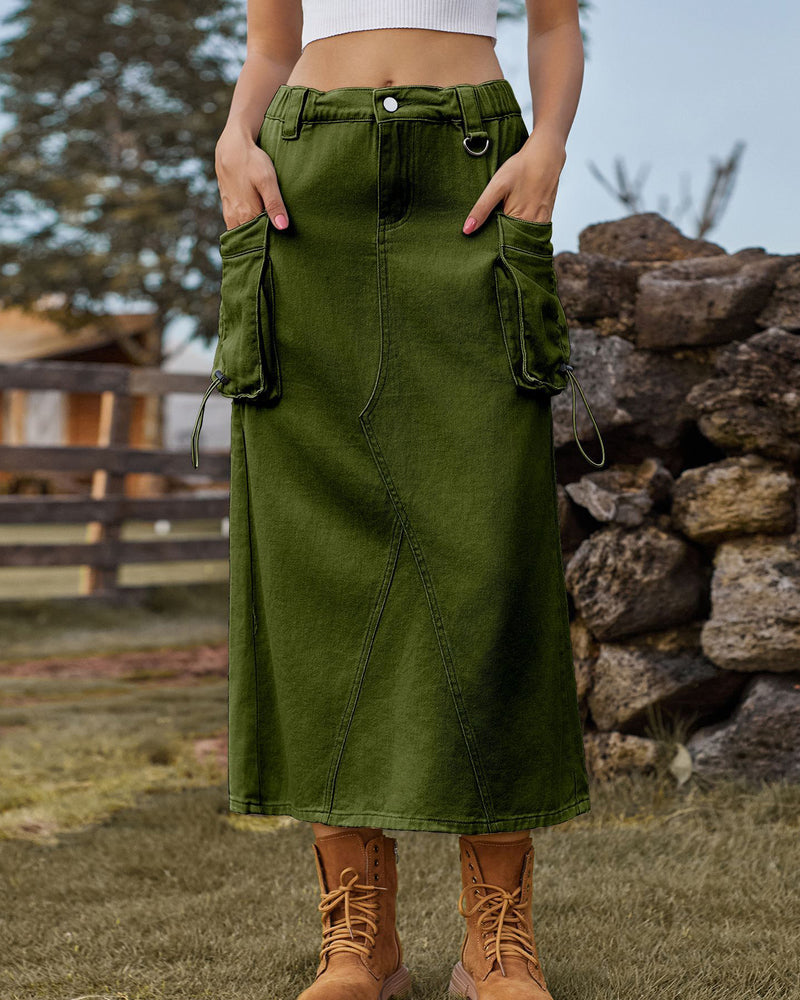 Zeagoo Women's Casual High Waist Denim Midi Skirt Drawstring Adjustable Long Jeans Skirt with Pockets - Army Green