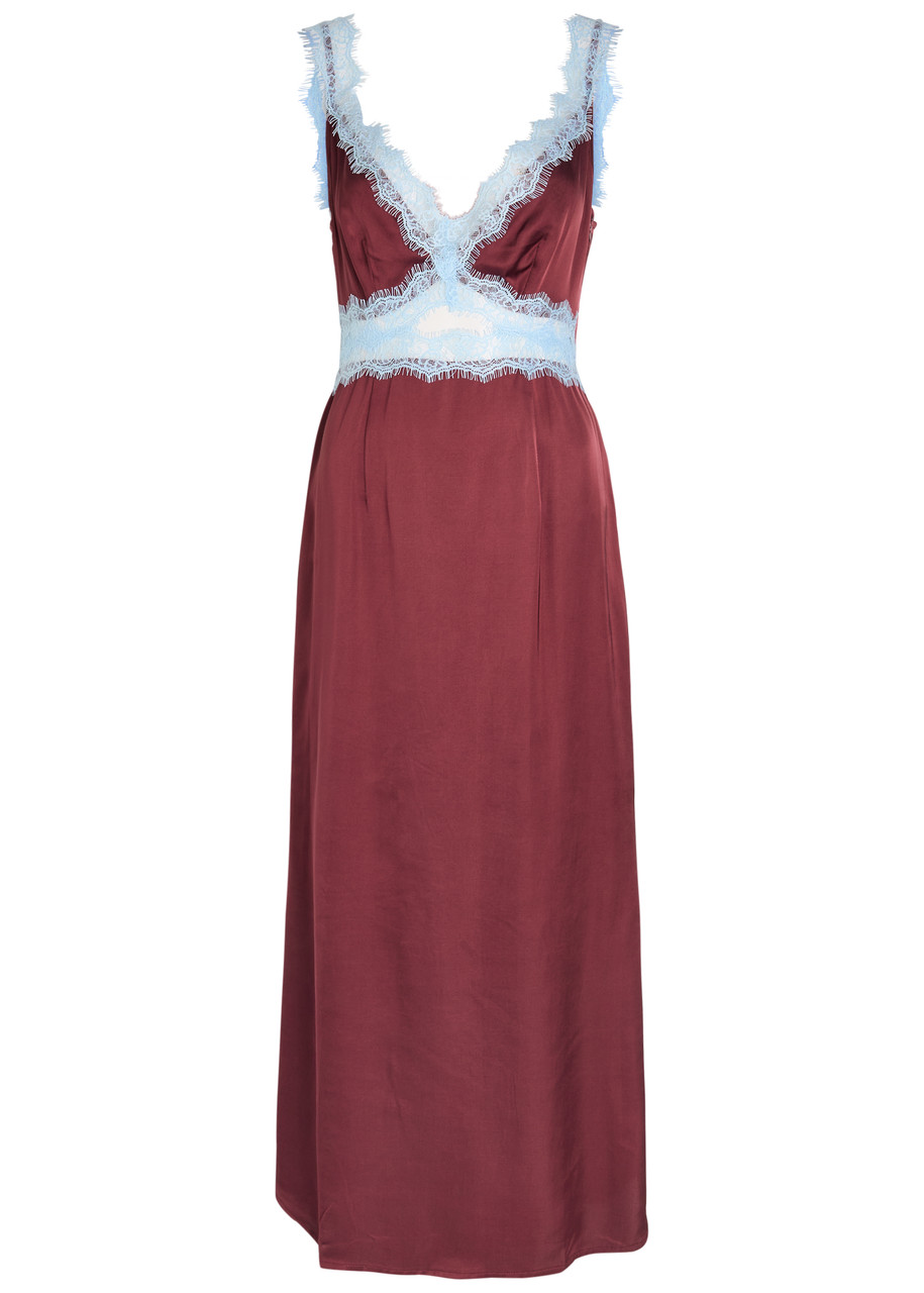 Never Fully Dressed Mimi Lace-trim Satin Midi Dress - Burgundy - S