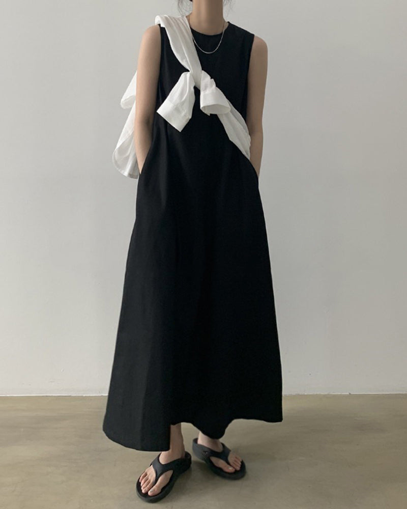 Loose Cotton Linen Dress Long Sleeveless Knee Tank Dress - Black L-