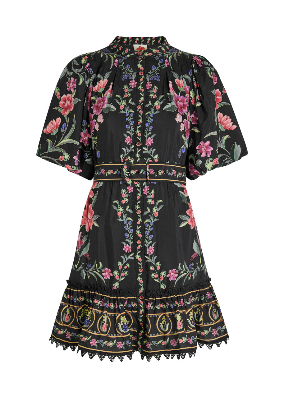 Farm Rio Belle Garden Floral-print Cotton-blend Mini Dress - Black - M M