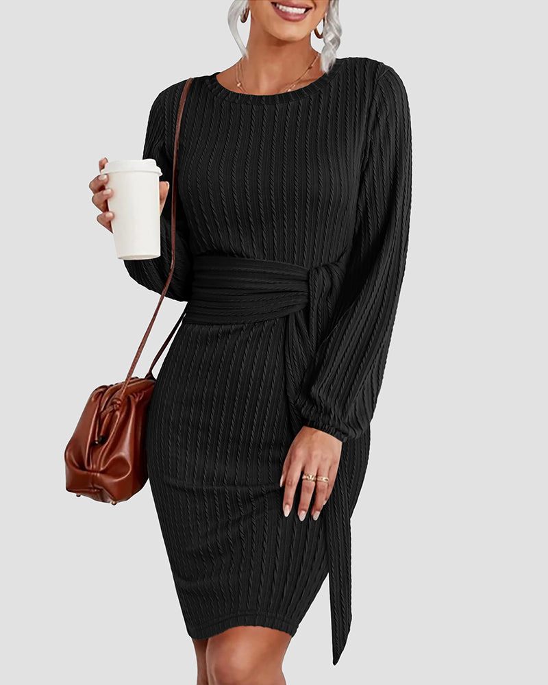 Zeagoo Women's Casual Long Lantern Sleeve Bodycon Dress Tie Waist Rib Knitted Sweater Dresses - Black L-