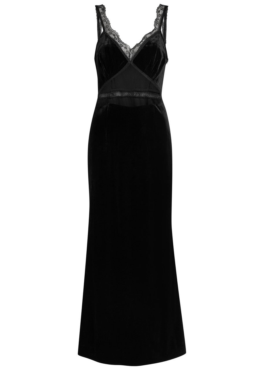 Never Fully Dressed Lace-embellished Velvet Midi Dress - Black - L