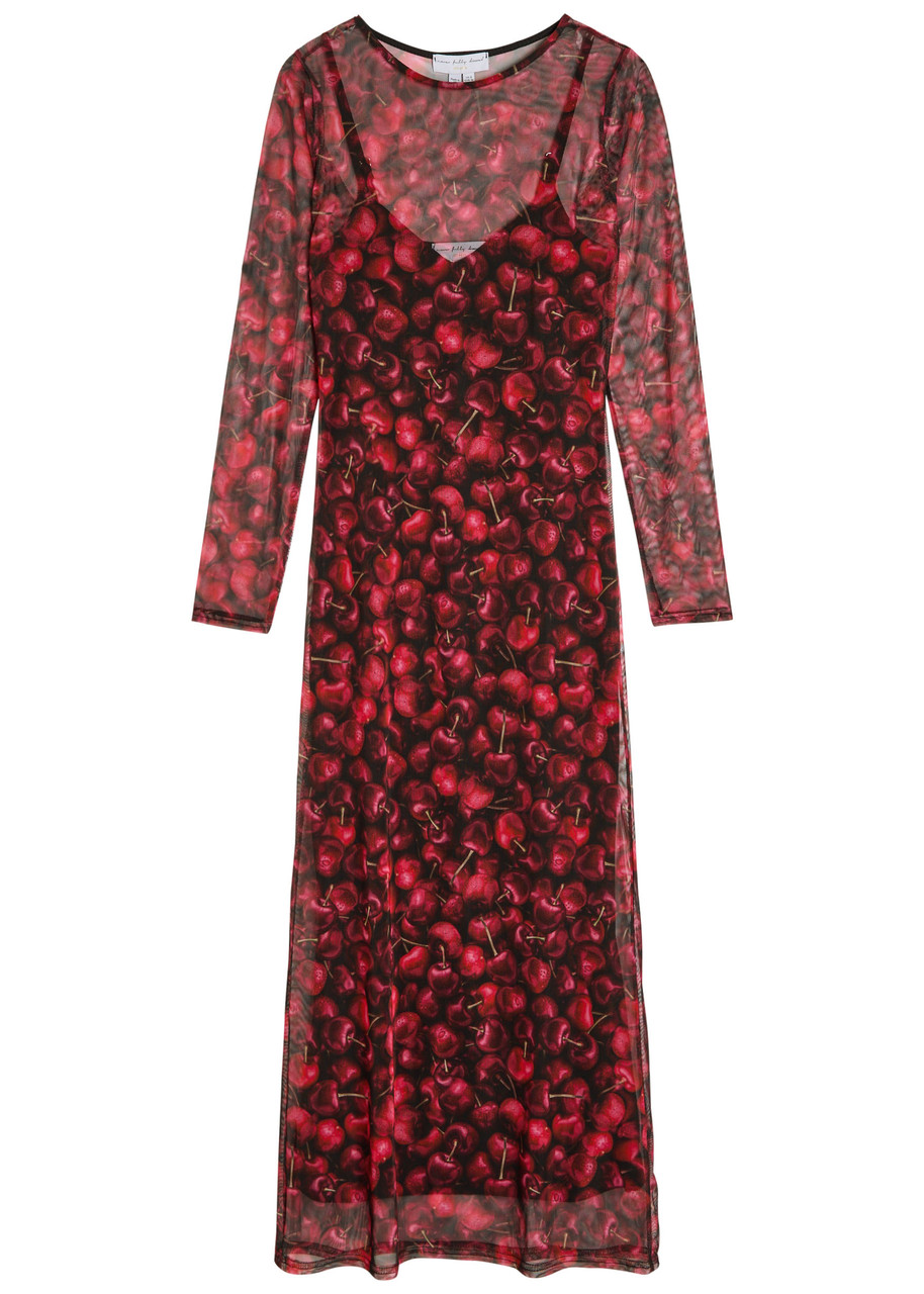 Never Fully Dressed Soho Cherry-print Mesh Midi Dress - Black Red -