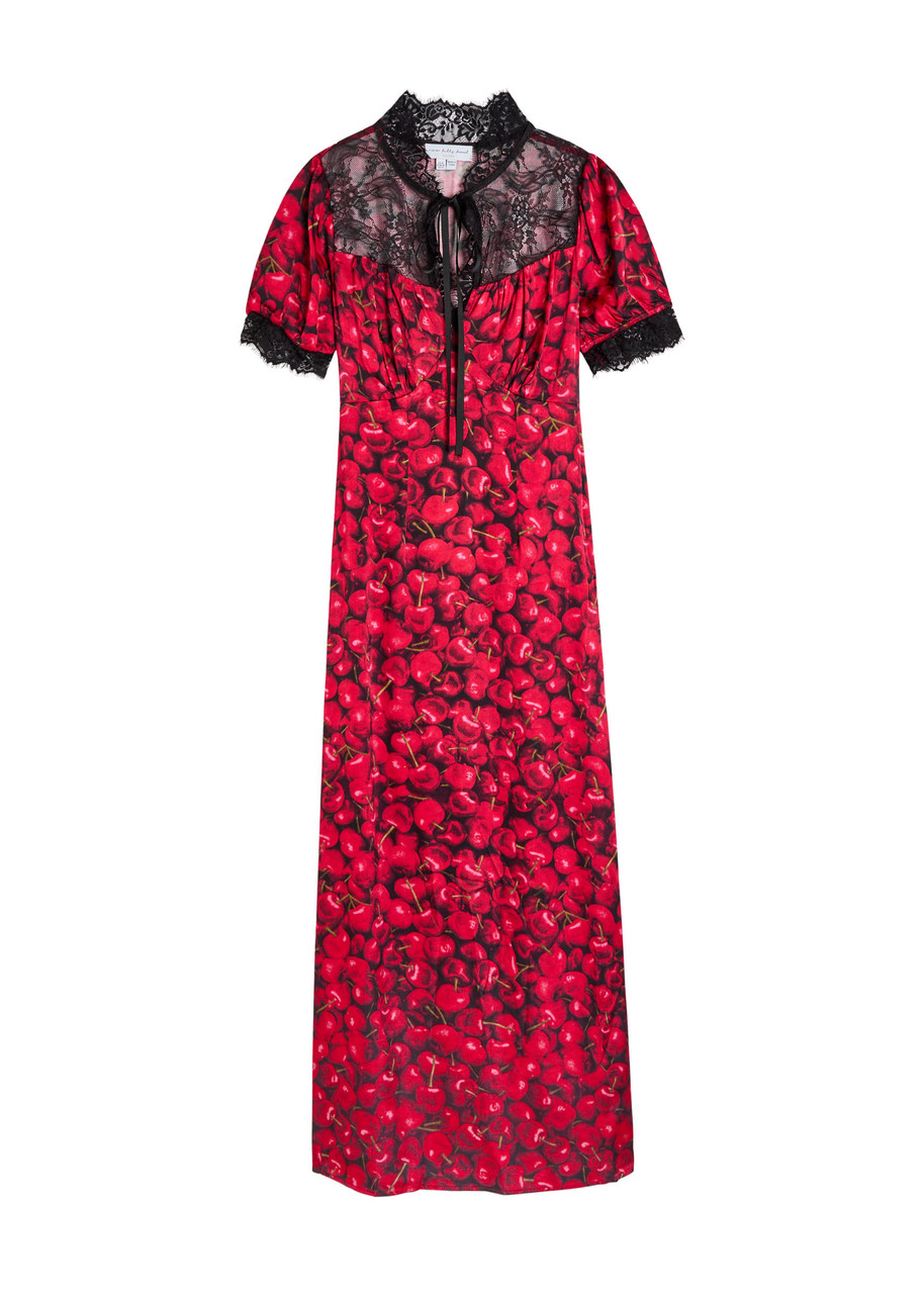 Never Fully Dressed Lyla Cherry-print Lace and Satin Midi Dress - Black Red - M
