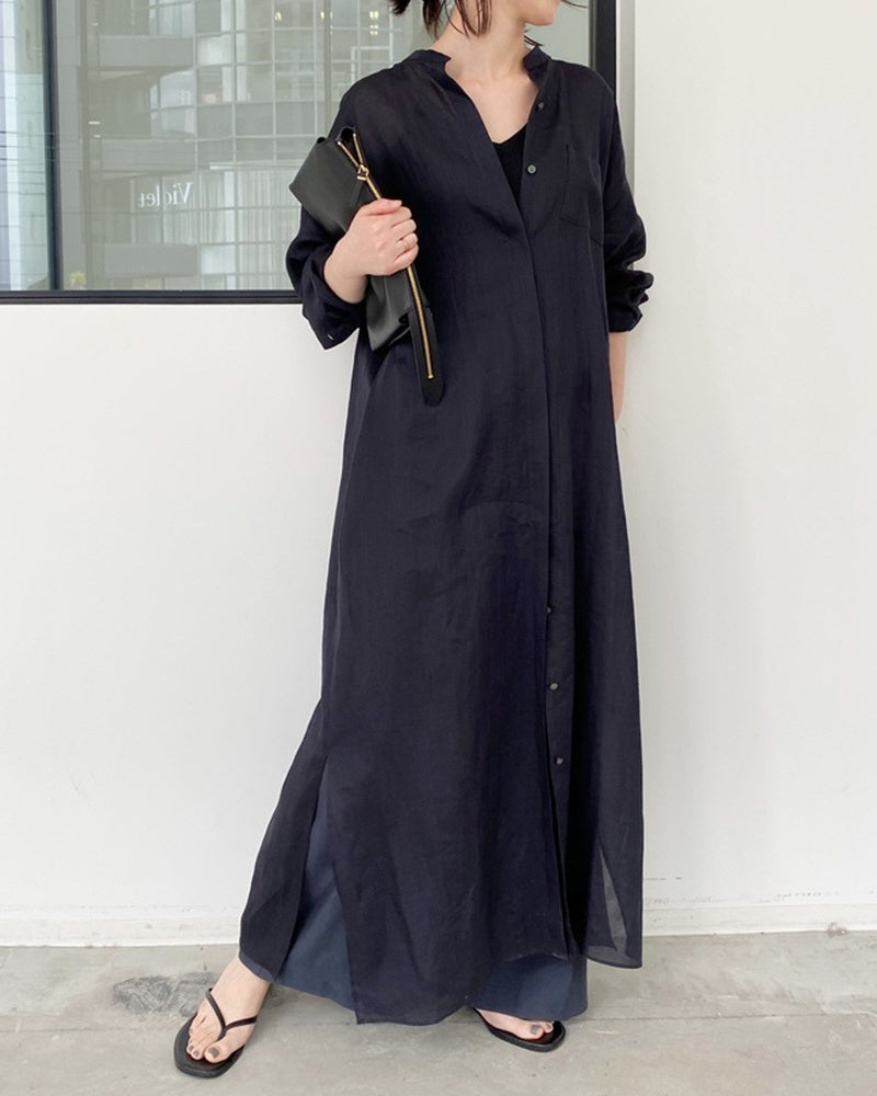 Solid Color Loose Shirt Dress - Black S