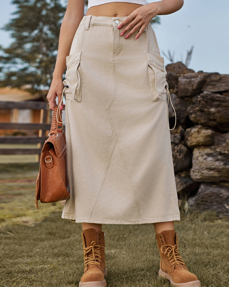 Zeagoo Women's Casual High Waist Denim Midi Skirt Drawstring Adjustable Long Jeans Skirt with Pockets - Khaki