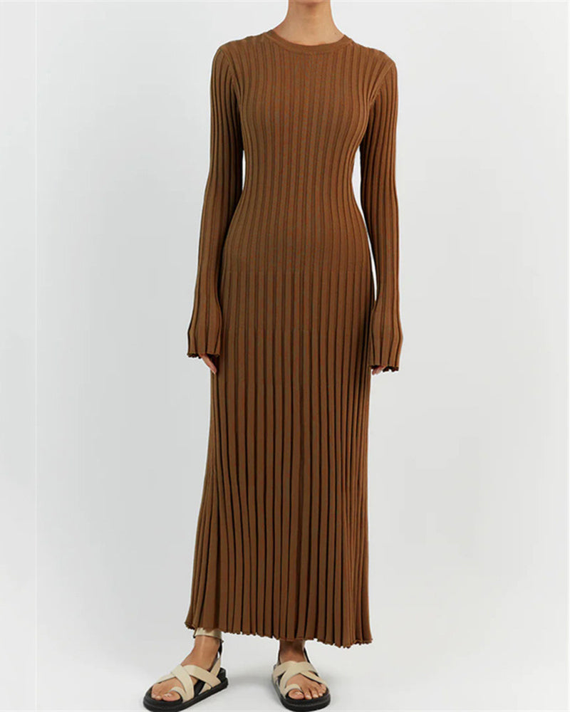 Long Sleeve Dress Crew-Neck Knit Maxi Dress Ribbed Elegant Long High Waist Pleated Dresses - Coffee M