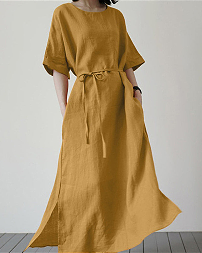 Loose Plus Size Solid Color Short Sleeve Belted Slit Dress - Yellow S