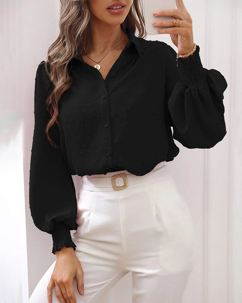 Zeagoo V Neck Crinkle Crepe Lantern Sleeves Shirt Top Button-Down Loose Blouse - Black L-