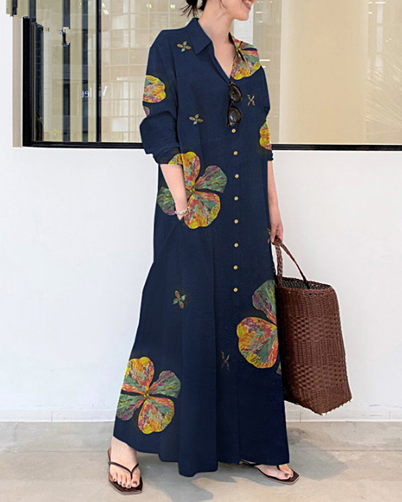 Lapel Long Sleeve Long Shirt Dress butterfly Printed Loose Plus Size Maxi Dresses - Dark Blue L-