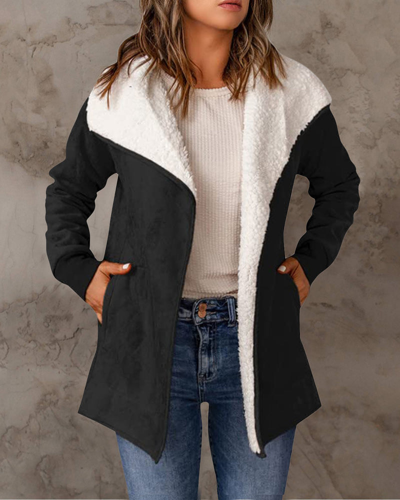 Fleece Long Sleeve Warm Teddy Coat Lapel Cardigan With Pocket - Black M