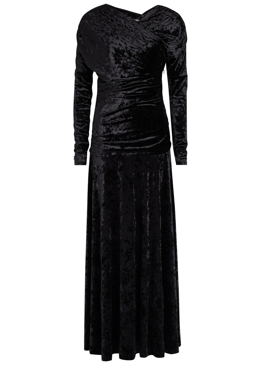 Ganni Ruched Asymmetric Velour Maxi Dress - Black - S