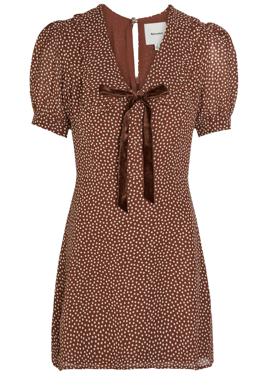 Reformation Kaylia Polka-dot Appliqud Chiffon Mini Dress - Brown - Xx