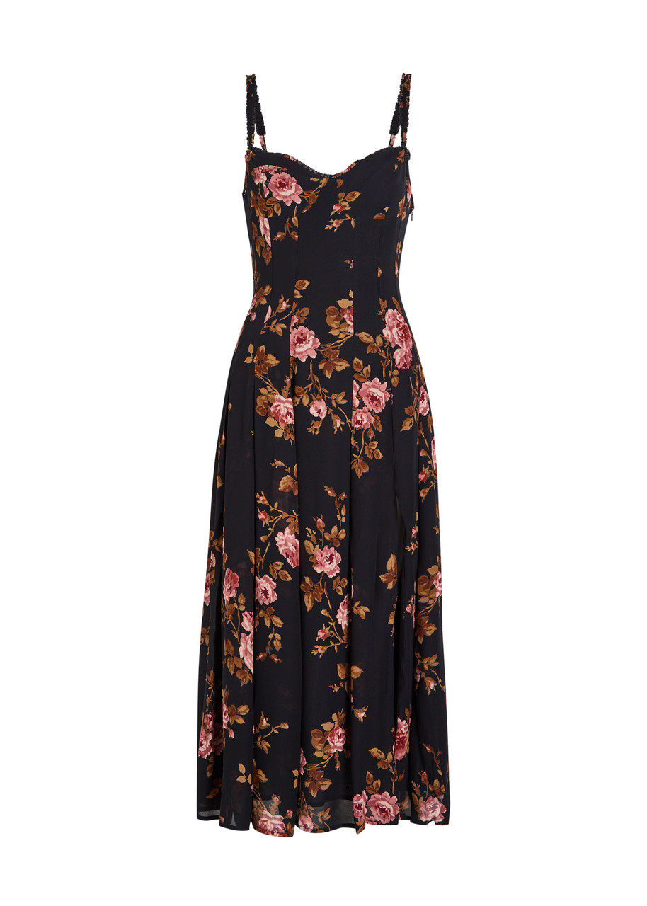 Reformation Katara Floral-print Georgette Midi Dress - Black -
