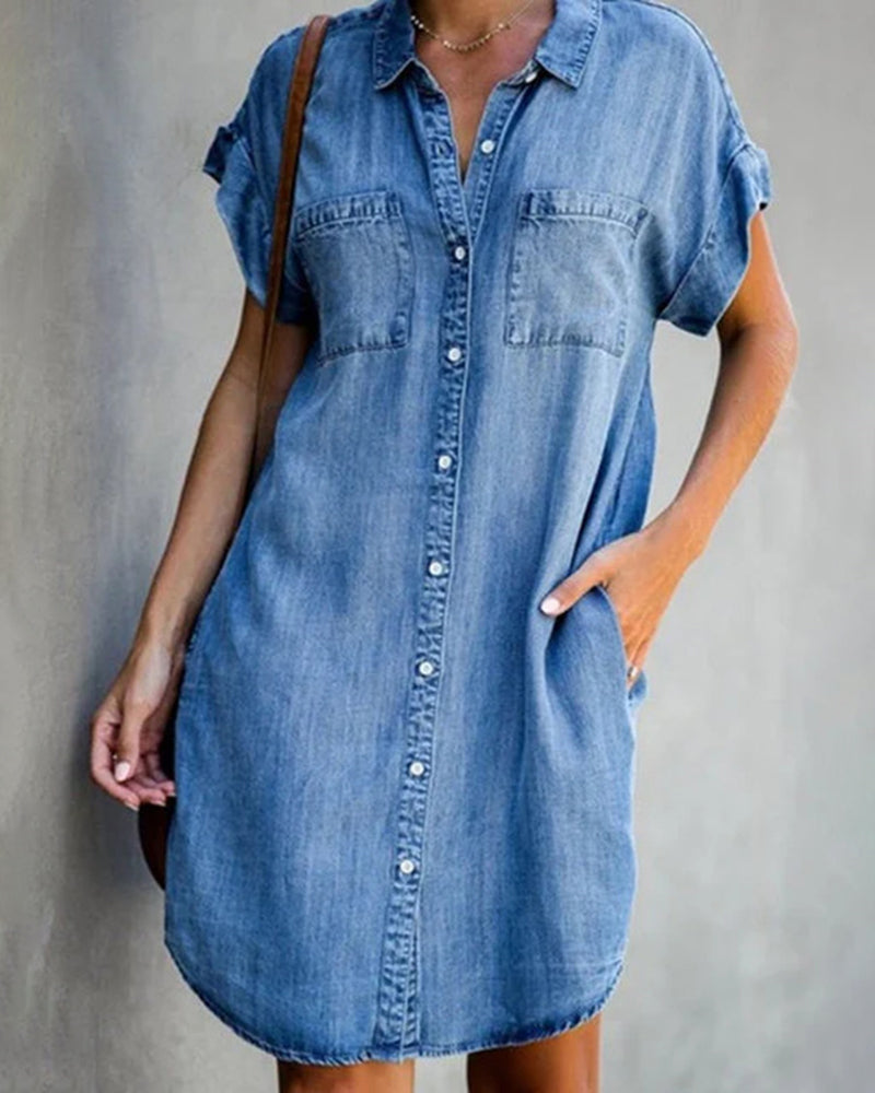 Zeagoo Women's Denim Shirt Dresses Short Sleeve V Neck Jean Dress Button Down Casual Loose Fit Tunic Tops with Pockets - Blue S
